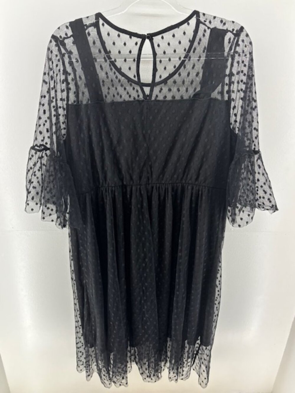 Lane Bryant 18 Black Polka Dot Mesh Midi Dress 3/4 Bell Sleeve Elastic Waist - Picture 2 of 8
